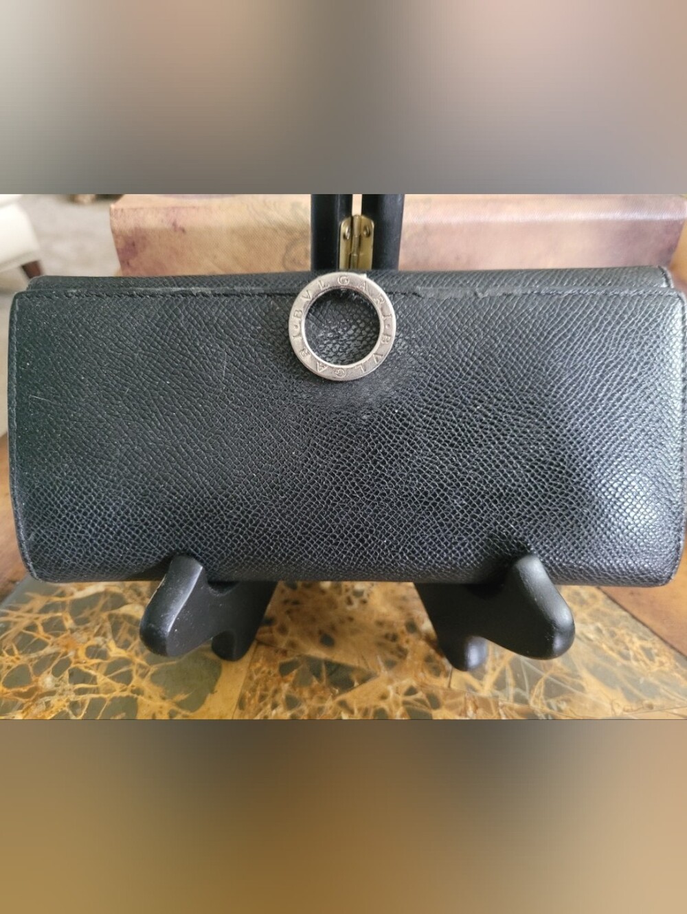 Bulgari Black Textured Leather Wallet with Silver Logo Ring